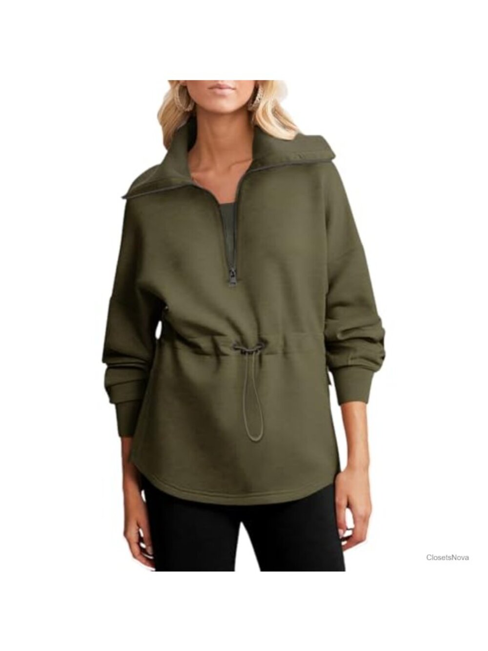 Oversized Half Zip Sweatshirt Drawstring Waist Side Slits Long Sleeve